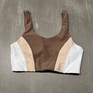 WILO Brown Cream tan White Colorblock ribbed Sports Bra size Medium